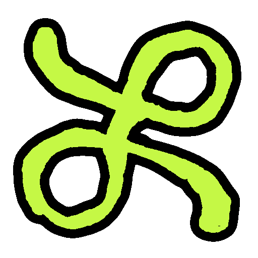 the sitelen pona glyph for the toki pona word 'esun,' which looks like a curling line with two loops, colored in lime green.